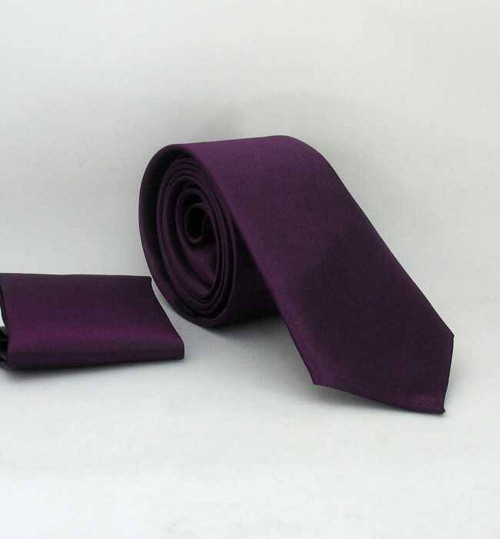 Koyu Mor Slim Fit (ince) Düz Renk Mendilli Saten Kravat - SS-21