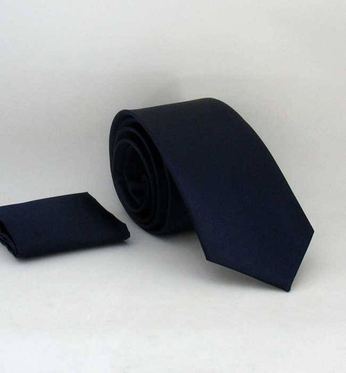 Lacivert Slim Fit (ince) Düz Renk Mendilli Saten Kravat - SS-24