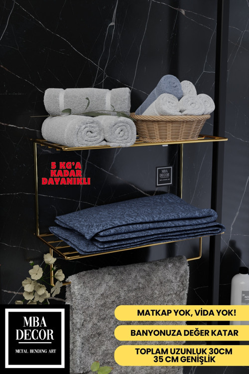 Gold Metal Yapışkanlı 2 Katlı Banyo Rafı | Havluluk Askılı Montaj Gerektirmeyen Duvar Rafı