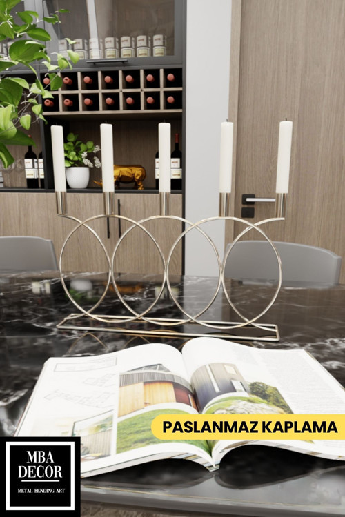 Metal Gümüş Double Geometri Masaüstü Şamdan Mumluk Dekoratif Mumluk Paslanmaz Ev Dekorasyon 45Cm