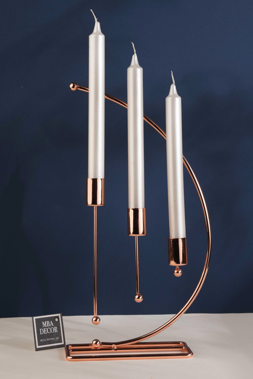 Nota Model Metal 3 Lü Şamdan Üçlü Mumluk Dekoratif Mumluk 25Cm Parlak Bronz Kaplama Ev Dekorasyon
