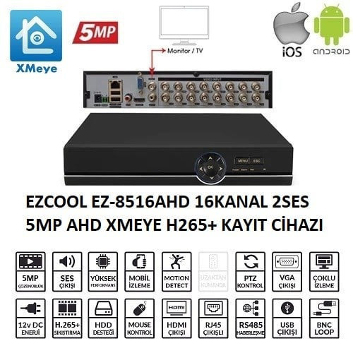 EZ-8516AHD 16 KANAL 5 MP 1HDD XMEYE KAYIT CİHAZI