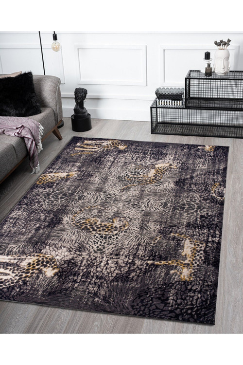 Vila Nova Home Modern Desenli Yumuşak Tuşeli Antrasit Gold Salon Oturma Odası Halısı