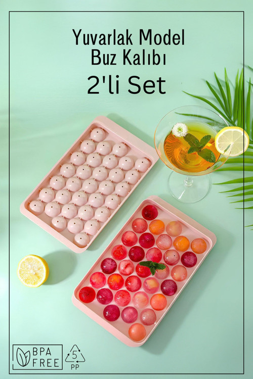 Espas Home 33 Bölmeli Yuvarlak Buz Kalıbı - Buzluk - 2'li Set - Pembe
