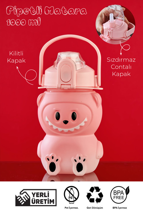 espashome Labubu Suluk - 1000 ml Taşınabilir Kulplu, Pipetli, BPA’sız, Kilitli ve Sızdırmaz Kapak - Pembe
