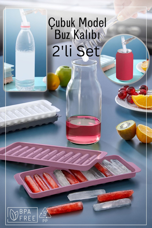 Espas Home 11 Bölmeli Çubuk Model Buz Kalıbı - Buzluk - 2'li Set - Pembe