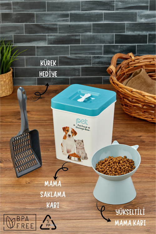 Evcil Hayvan Kedi Ve Köpek Mama Saklama Kabı & Mama Kabı Seti Kürek Hediyeli 3Lü Set - Mavi