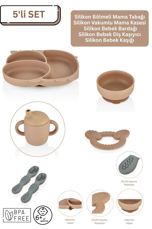 espashome 5'li Silikon Set / Bölmeli Mama Tabağı / Kase / Bebek Bardağı / Diş Kaşıyıcı / Mama Kaşığı - Moka