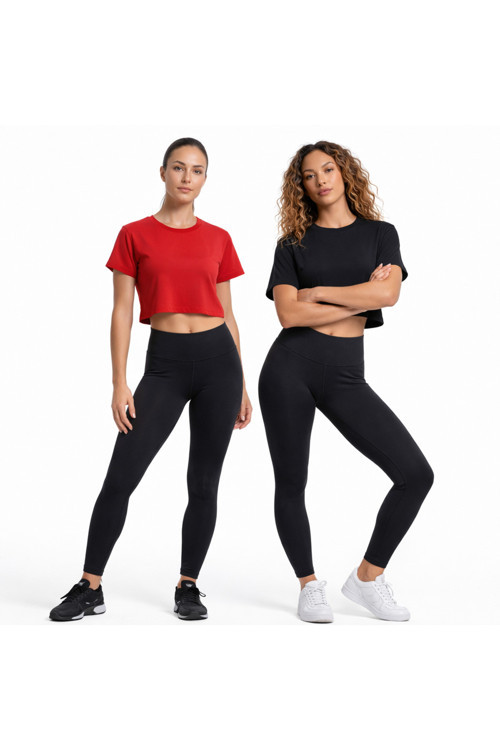 Rahat Kesim Crop Top 2’Li Kadın Seti Kırmızı Siyah – Essential Basic Tee