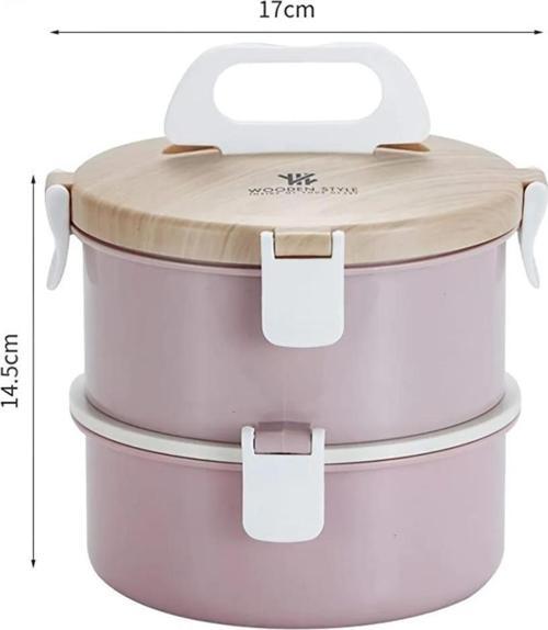 ( YUVARLAK ) Ahşap Desen  Lunch Box 1600Ml. XC-008 - PEMBE