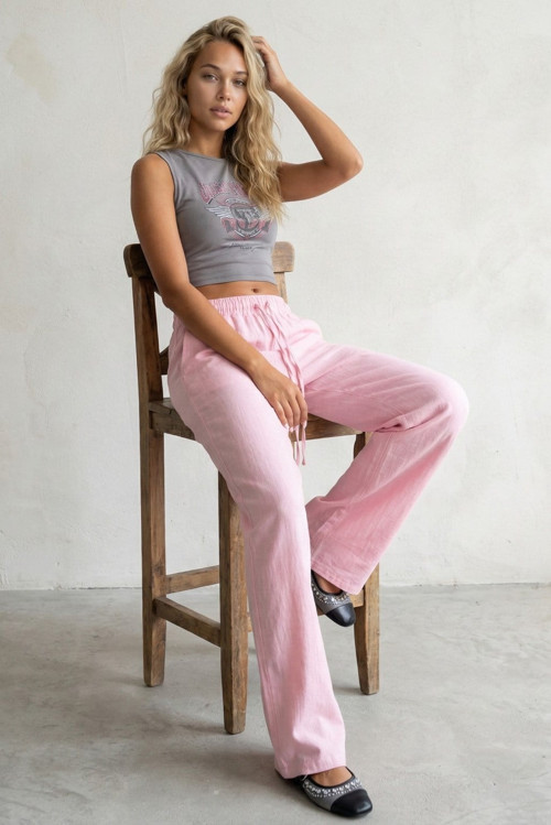 Pembe Bol Paça Müslin Kadın Pantolon MG1980