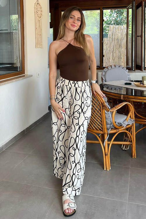 Ekru Desenli Beli Lastikli Bol Paça Pantolon MG2051