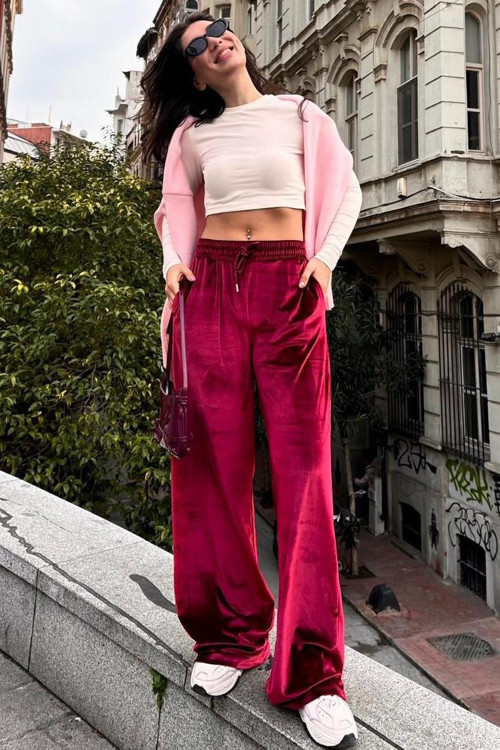 Bordo Bol Paça Kadife Eşofman MG2283