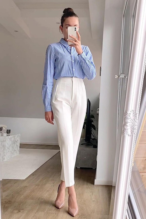 Beyaz Önü Biyeli Yüksek Bel Kadın Pantolon MG2425