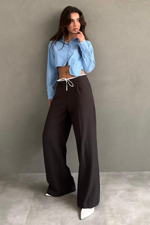 Acı Kahve Çift Bel Bantlı Wide Leg Kadın Pantolon MG2551