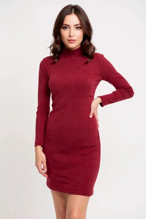 Kadın Bordo Kaşkorse Balıkçı Yaka Uzun Kollu Bodycon Mini Elbise – Şık, Rahat ve 4 Mevsim