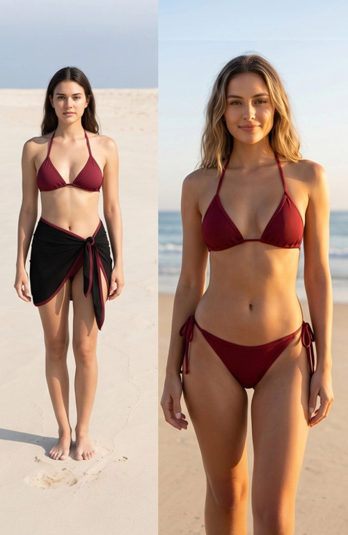 Kadın Bordo Siyah Pareolu Yandan ve Boyundan Bağlamalı 3'lü Bikini Takımı – Modern, Konforlu ve Günl