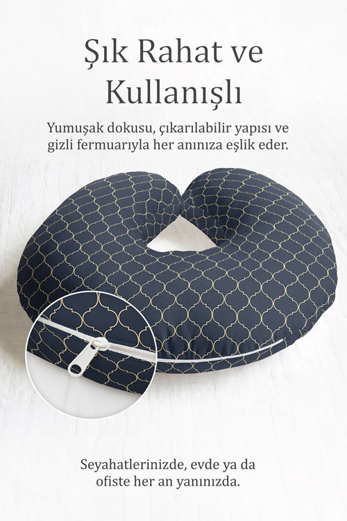 Geometrik Desenli Ergonomik Boyun Yastığı - Modern Lacivert Altın Çizgili Seyahat Yastığı