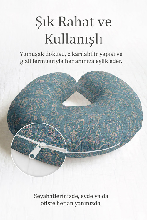 Klasik Damask Desenli Ergonomik Boyun Yastığı - Vintage Mavi Bej Yumuşak Seyahat Yastığı