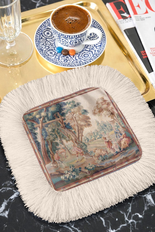 Avangart Rokoko Saçaklı Bohem Sunum Peçetesi - Pastoral Nostaljik Bej Mavi Bardak Altlığı Mendil