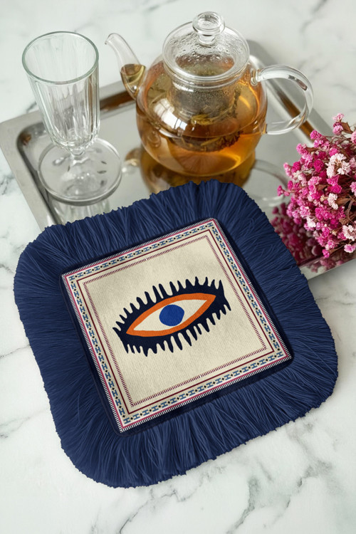 Modern Nazar Göz Motifli Saçaklı Sunum Peçetesi - Etnik Stil Lacivert Krem Kahve Yanı Sunum Mendili