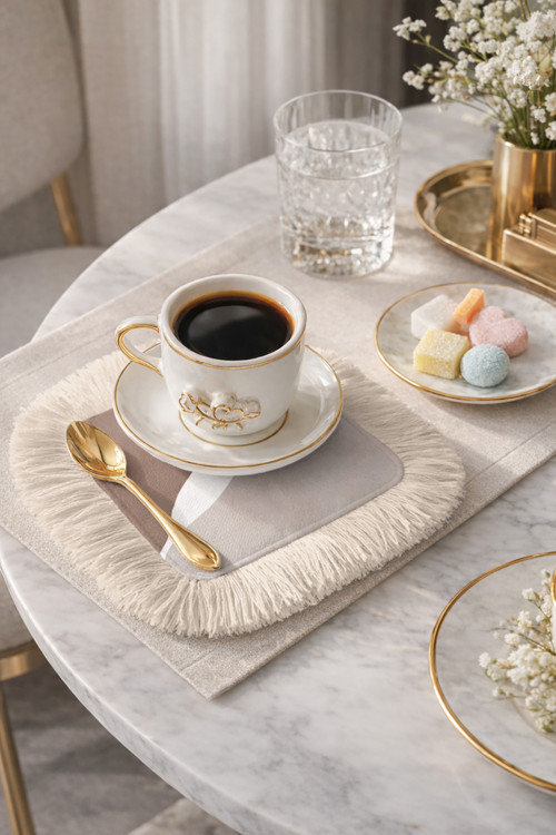 Soft Elegance Saçaklı Sunum Peçetesi - Akışkan Dalga Bohem Bej Krem Desenli Kahve Sunum Mendili