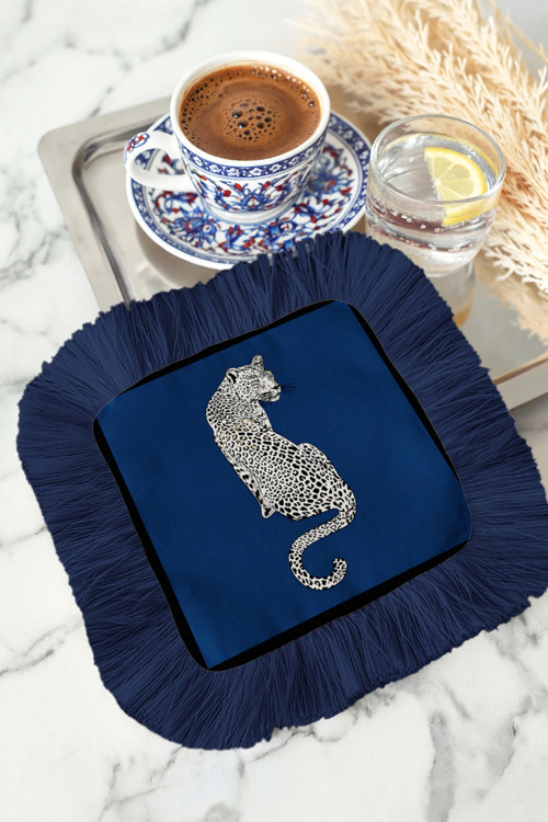 Leopar Motifli Saçaklı Sunum Peçetesi-Lüks Vahşi Şıklık Bohem Lacivert Bardak Altlığı Servis Mendili