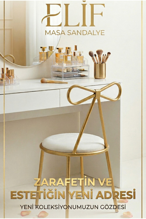 Fiyonk Detaylı Gold Sandalye – Makyaj Masası & Yatak Odası İçin Premium Tasarım