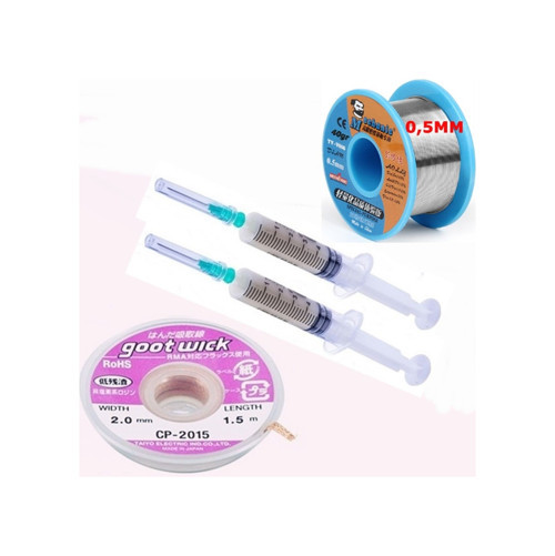 Dörtlü Set Flux,Lehim Emme Tel 2,0Mm Ve Lehim Teli Soldering 63Sn/37Pb Flux %1-3 40Gr 0,5Mm