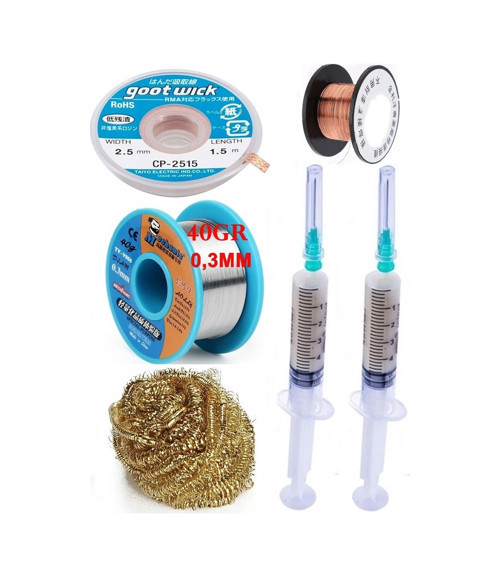 Lehimleme Seti Havya Ucu Temizleme Teli Flux,Lehim Emme Tel 2,5Mm Ve Lehim Teli Soldering 40Gr 0,3Mm St011