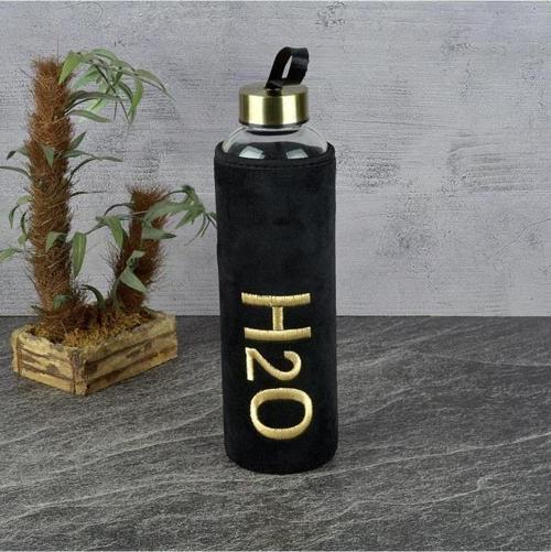 H2O Peluş Kılıflı Cam Matara 600 ml Gold-Siyah H2O88609