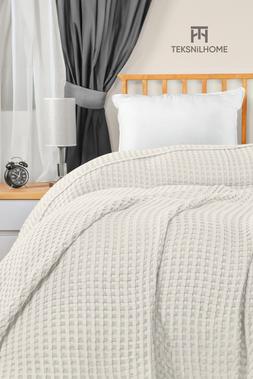 | %100 Pamuk Waffle Desen Tek Kişilik Krem Pike | Yatak Örtüsü | 160X230 | Çok Amaçlı Örtü