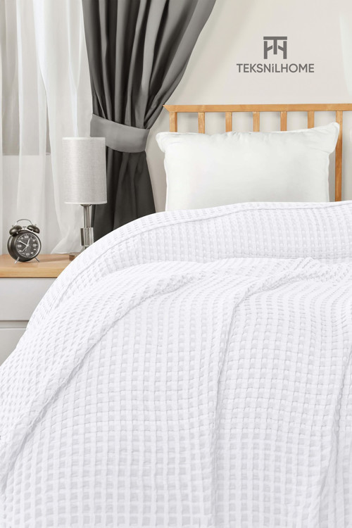 | %100 Pamuk Waffle Desen Tek Kişilik Beyaz Pike | Yatak Örtüsü | 160X230 | Çok Amaçlı Örtü