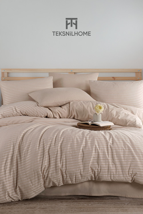 %100 Pamuklu Bej Natural Stripe Nevresim Takımı 3 Parça (Çift Kişilik)