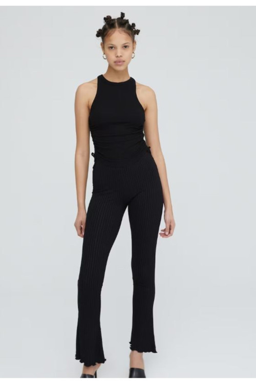 -Kadın Sıfır Kol Yan Bağçıklı Crop bluz-Fitilli Kaşkorse Kumaş