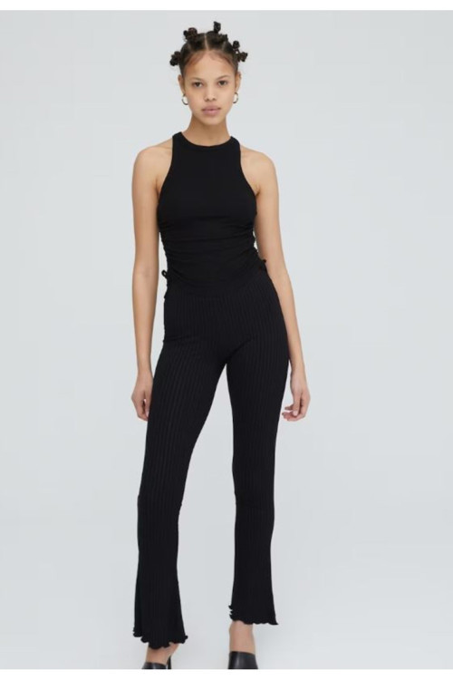 -Kadın Sıfır Kol Yan Bağçıklı Crop bluz-Fitilli Kaşkorse Kumaş