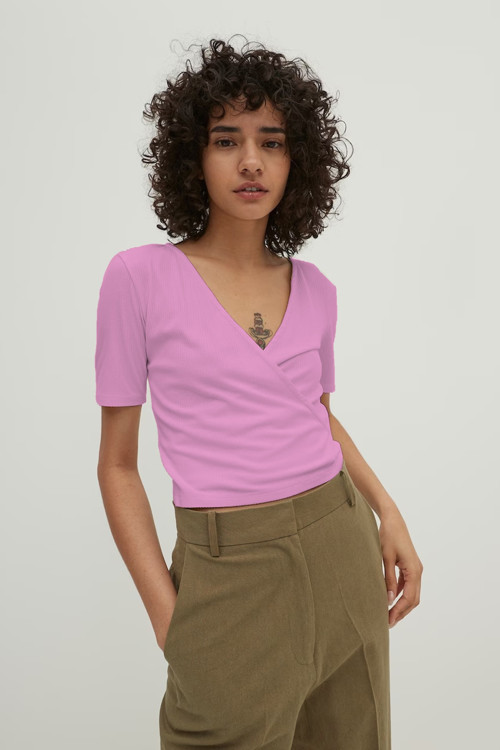 - Kadın V Yaka Crop Fitilli Kaşkorse bluz