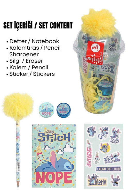 x Dekomus Lisanslı Stitch Aloha Dream Cup 5 Parça Kırtasiye Seti Sticker, Tüylü Kalem "Dekomus Cep Defteri Hediyeli"