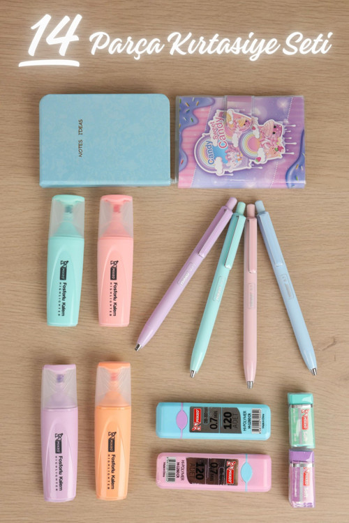 Dekomus x Mikro Pastel Touch Collection 14 Parça Kırtasiye Seti 2 Adet Notebook, 4 Adet Fosforlu Kalem, Uçlu Kalem&2 Ade