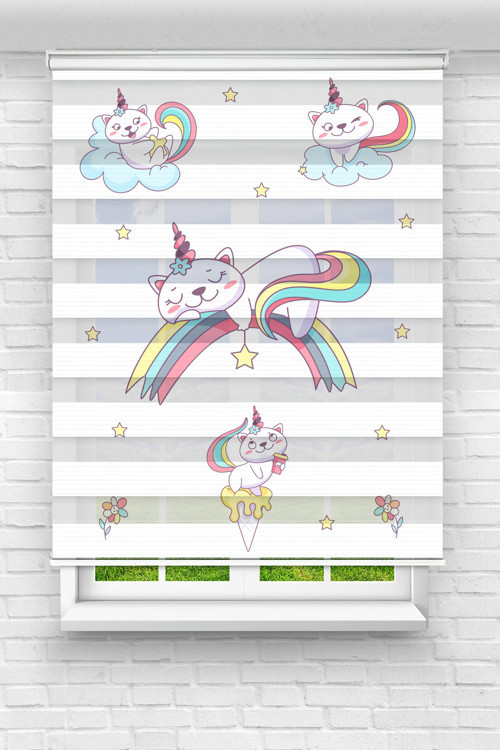 Gökkuşağında Kedi Dijital Baskılı Zebra Perde-Cocuk Odası-Stor Perde