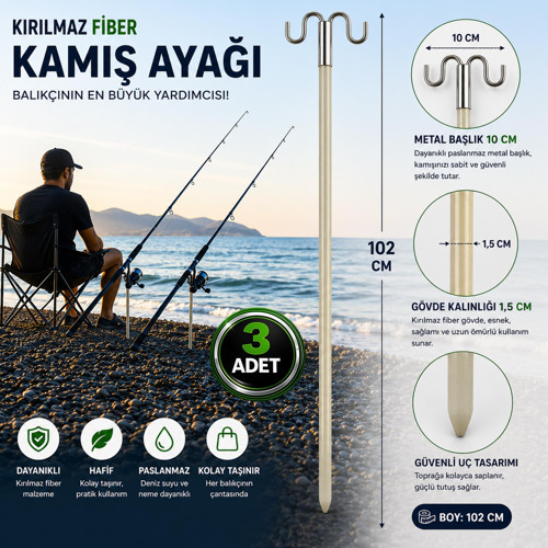Kırılmaz Fiber Kamış Ayağı 102 cm Çift Başlıklı Olta Tutucu 3 Adet