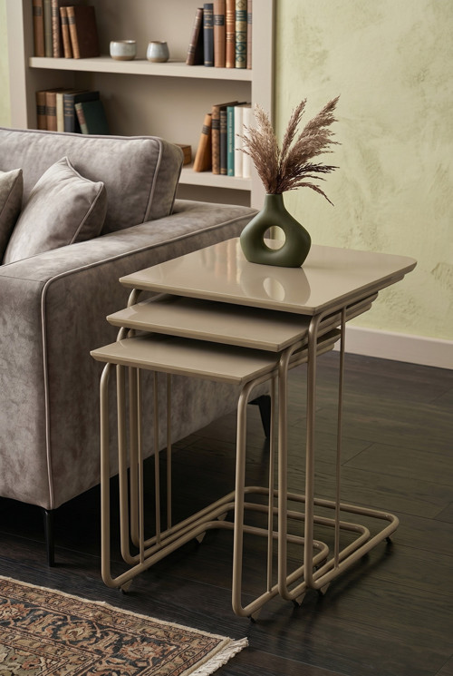 C Zigon Mdf Sehpa 3'lü Set, Tekerli Metal Ayak, İç İçe Geçebilir Cappicino
