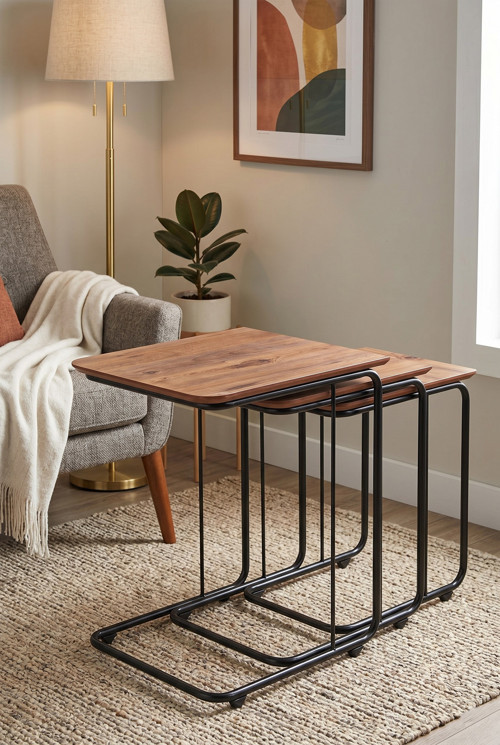C Zigon Mdf Sehpa 3'lü Set, Tekerli Metal Ayak, İç İçe Geçebilir Diş Budak