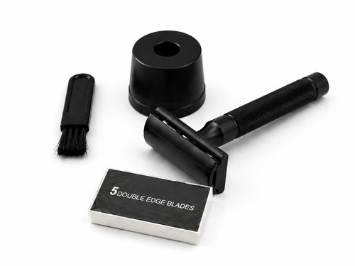 Siyah Metal Tıraş Seti – Double Edge Klasik Tıraş Aleti + Yedek Jilet + Fırça + Stand