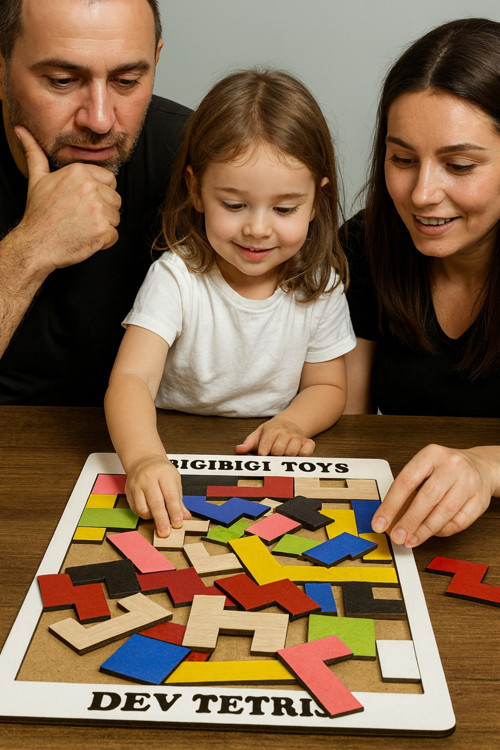 Dev Ahşap Tetris Aile Oyunu (30X40 Cm)- Montessori Egitici Zeka Geliştirici Renkli Yapboz (3Mm Mdf)