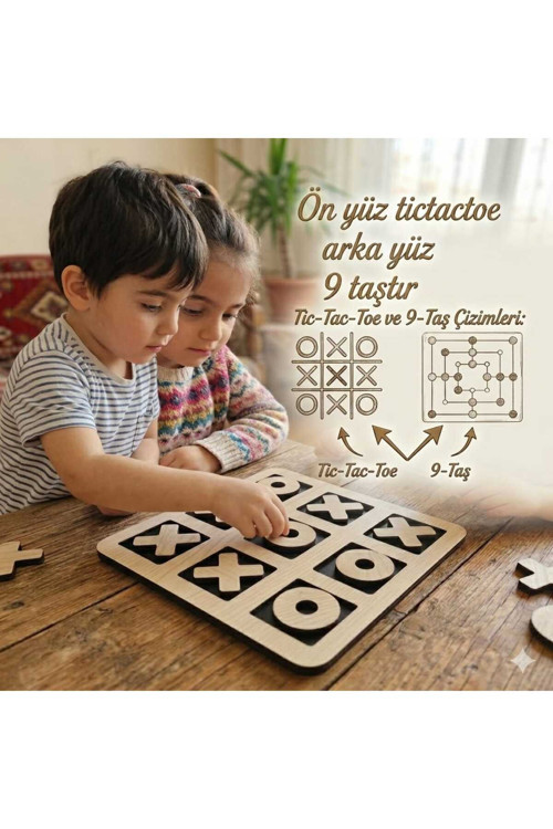 Xox Ahşap Çift Taraflı Zekâ Oyunu Tictactoe & 9 Taş 2 Oyun Bir Arada Montessori Eğitici Oyun 20X20Cm