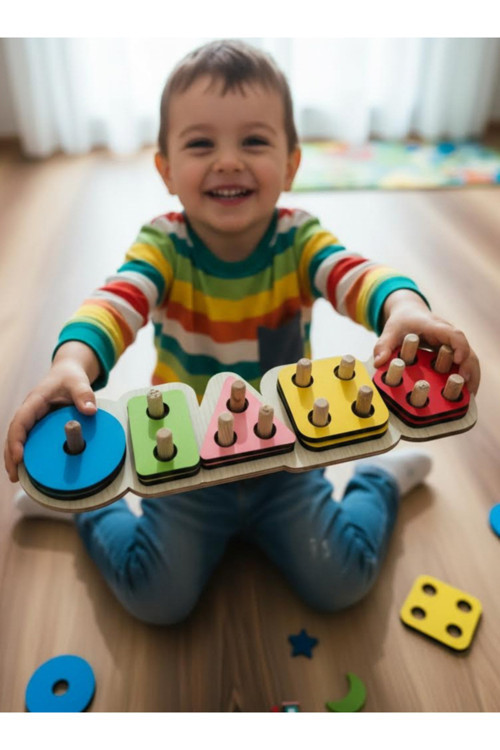 Montessori Ahşap Eğitici 5Li Geometrik Renk Şekil Sayı Eşleştirme Oyunu-Zeka Geliştirici Okul Öncesi