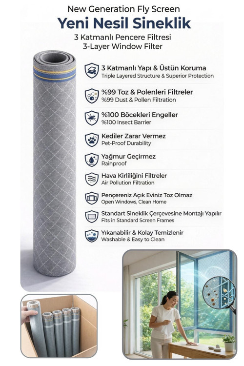 YENİ NESİL SİNEKLİK-150cmx10mt RULO-TOZ POLEN FİLTRESİ -3 KATMANLI PENCERE FİLTRESİ - ODERA