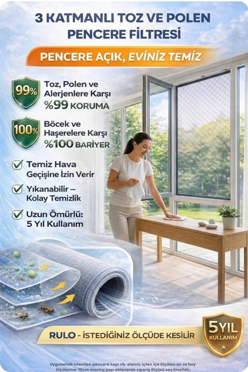 YENİ NESİL SİNEKLİK -80x180CM RULO - TOZ POLEN FİLTRESİ -3 KATMANLI PENCERE FİLTRESİ - ODERA