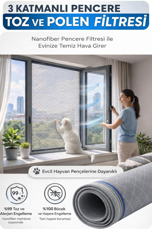 YENİ NESİL SİNEKLİK -140x150CM RULO - TOZ POLEN FİLTRESİ -3 KATMANLI PENCERE FİLTRESİ - ODERA